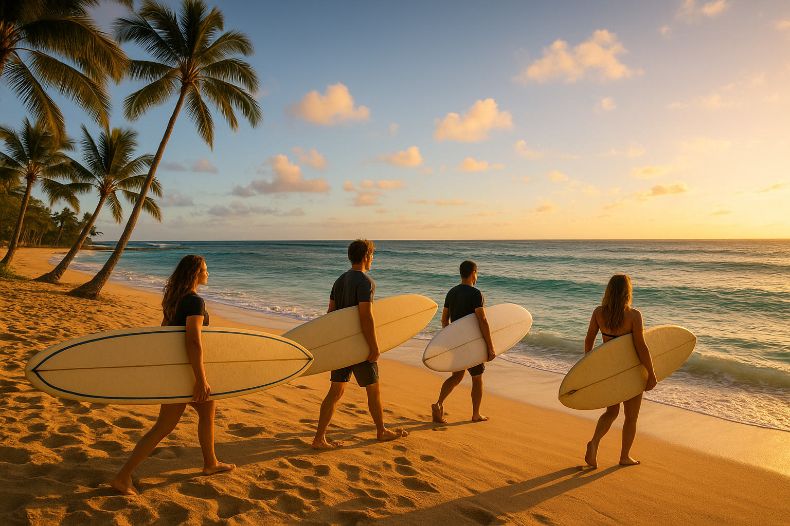 Group of students carrying surfboards before an Oahu beach lesson