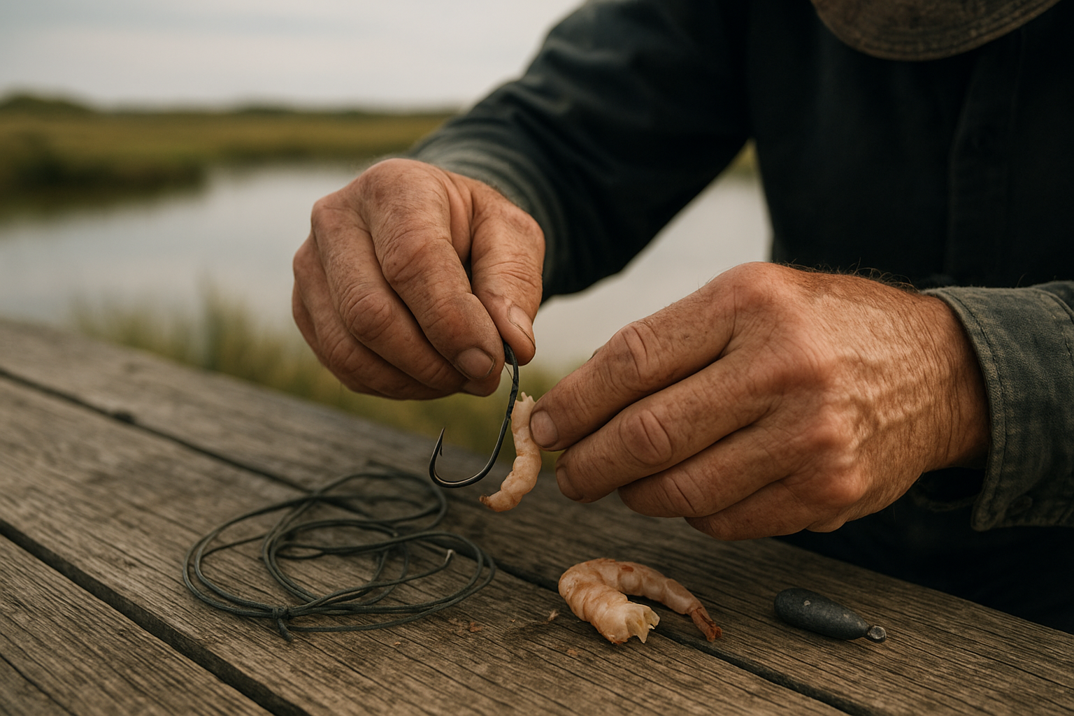 Licensed captain rigging tackle before a private North Myrtle Beach fishing charter