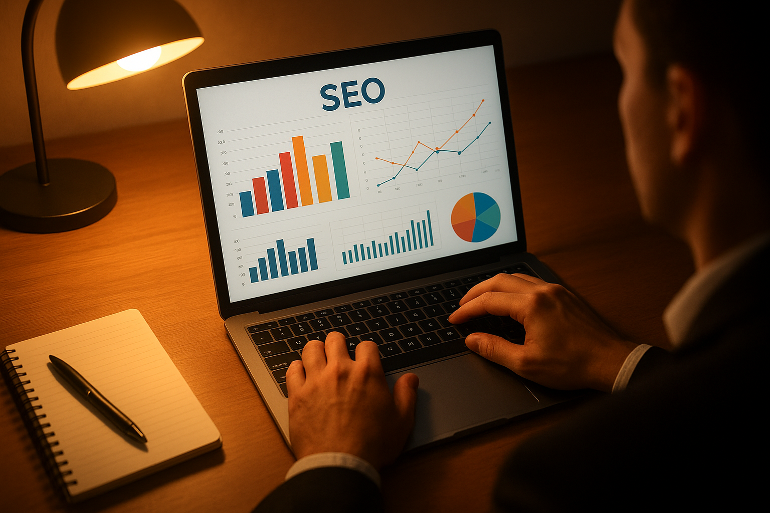 SEO analyst reviewing backlink metrics and authority scores on a laptop for website ranking improvement