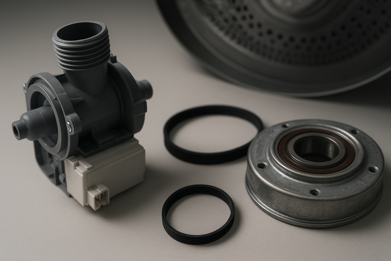 Washing machine replacement parts including pump and belt used in appliance repair