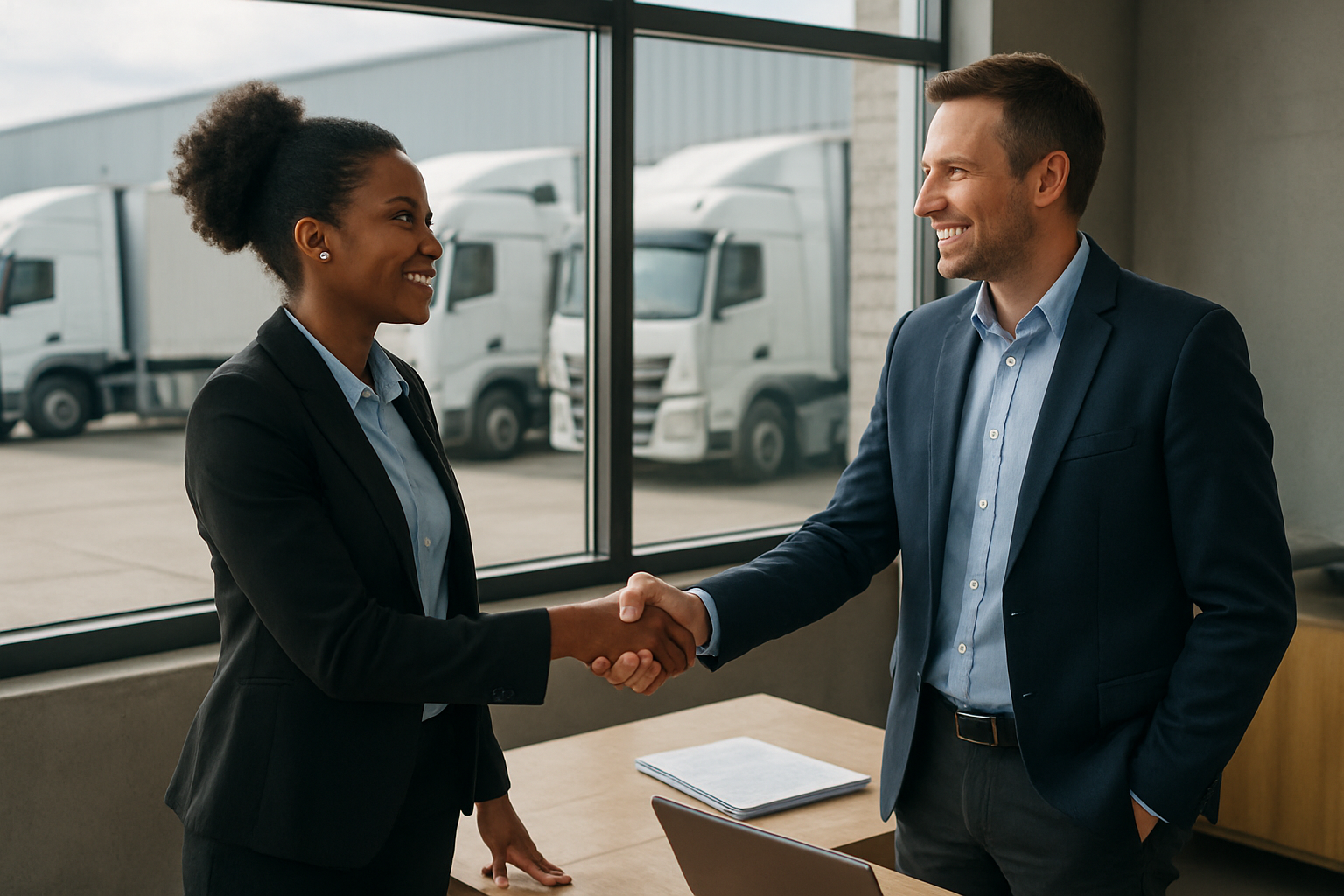 Best freight agent shaking hands with a shipper after finalizing a load agreement
