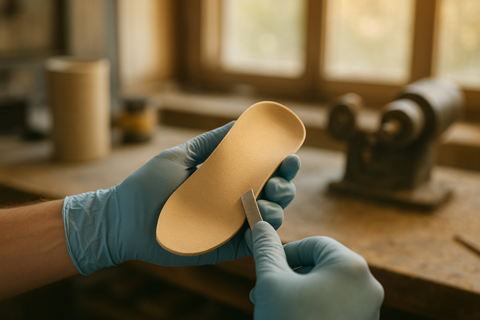 Podiatrist hand-shaping a custom orthotic shell during the fabrication process