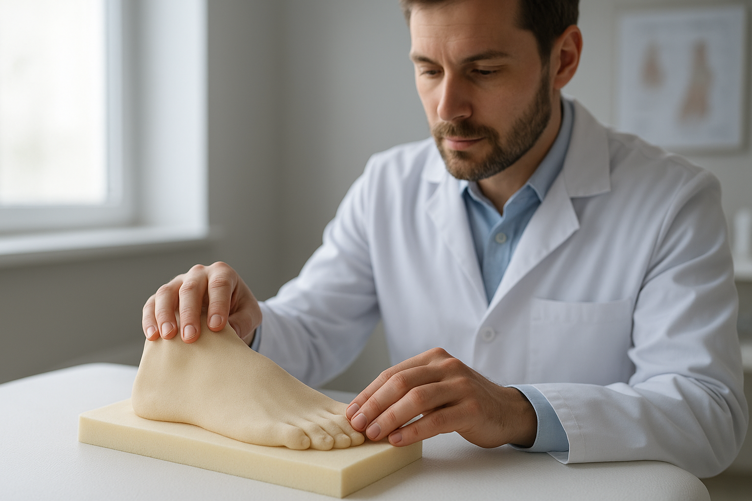 Podiatrist molding a patient's foot for high-performance insoles for athletes