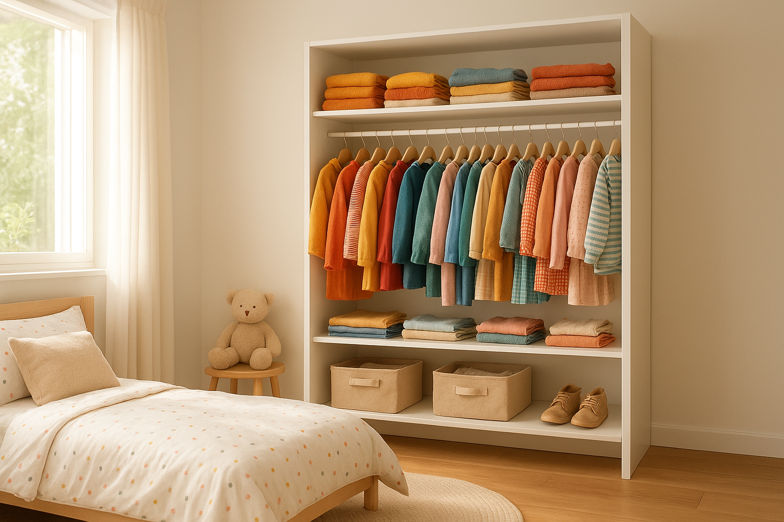 Neatly organized swappable children's wardrobe with colorful premium kids' clothing sorted by size