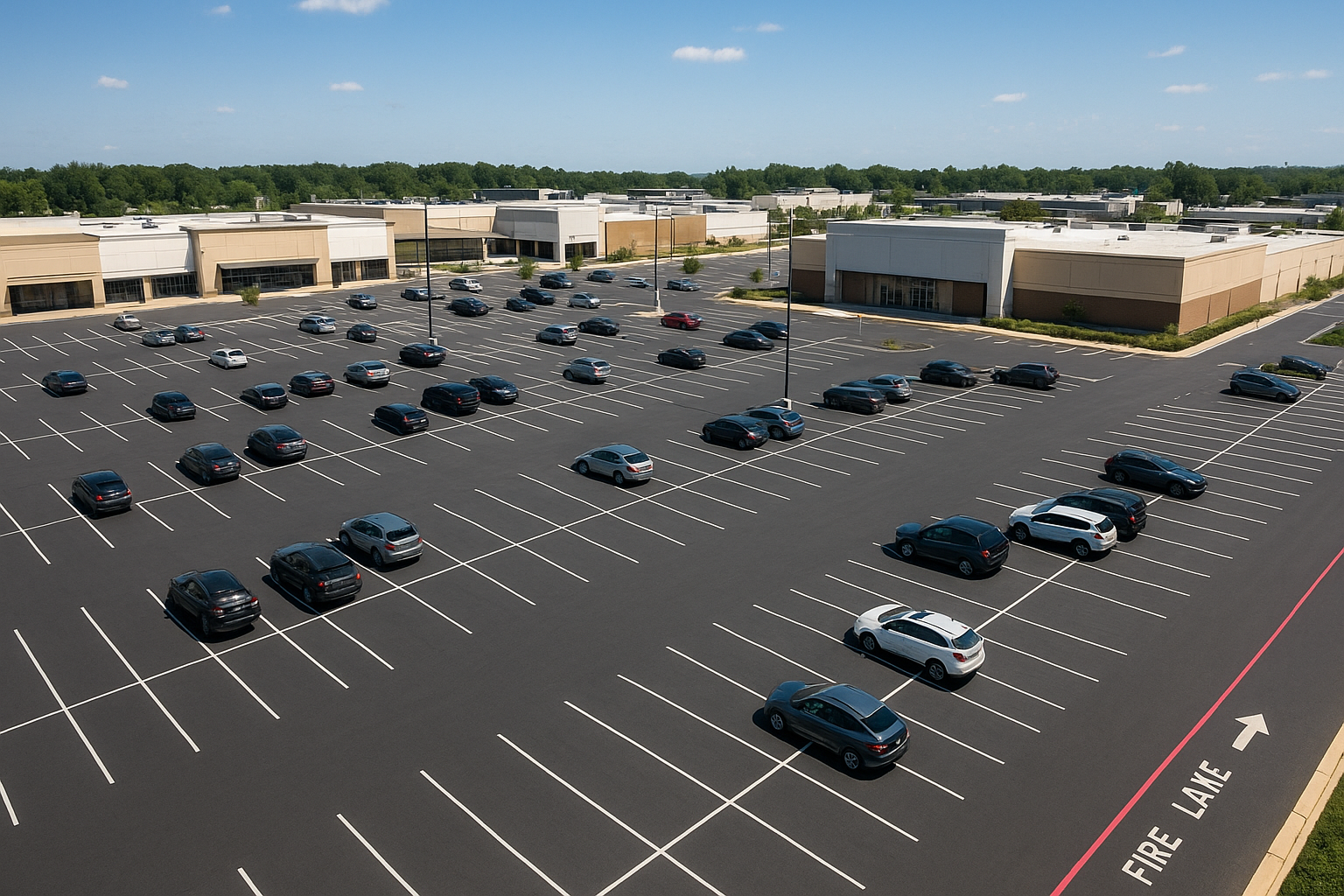 Aerial view of an organized commercial parking lot after restriping in the Dallas-Fort Worth area