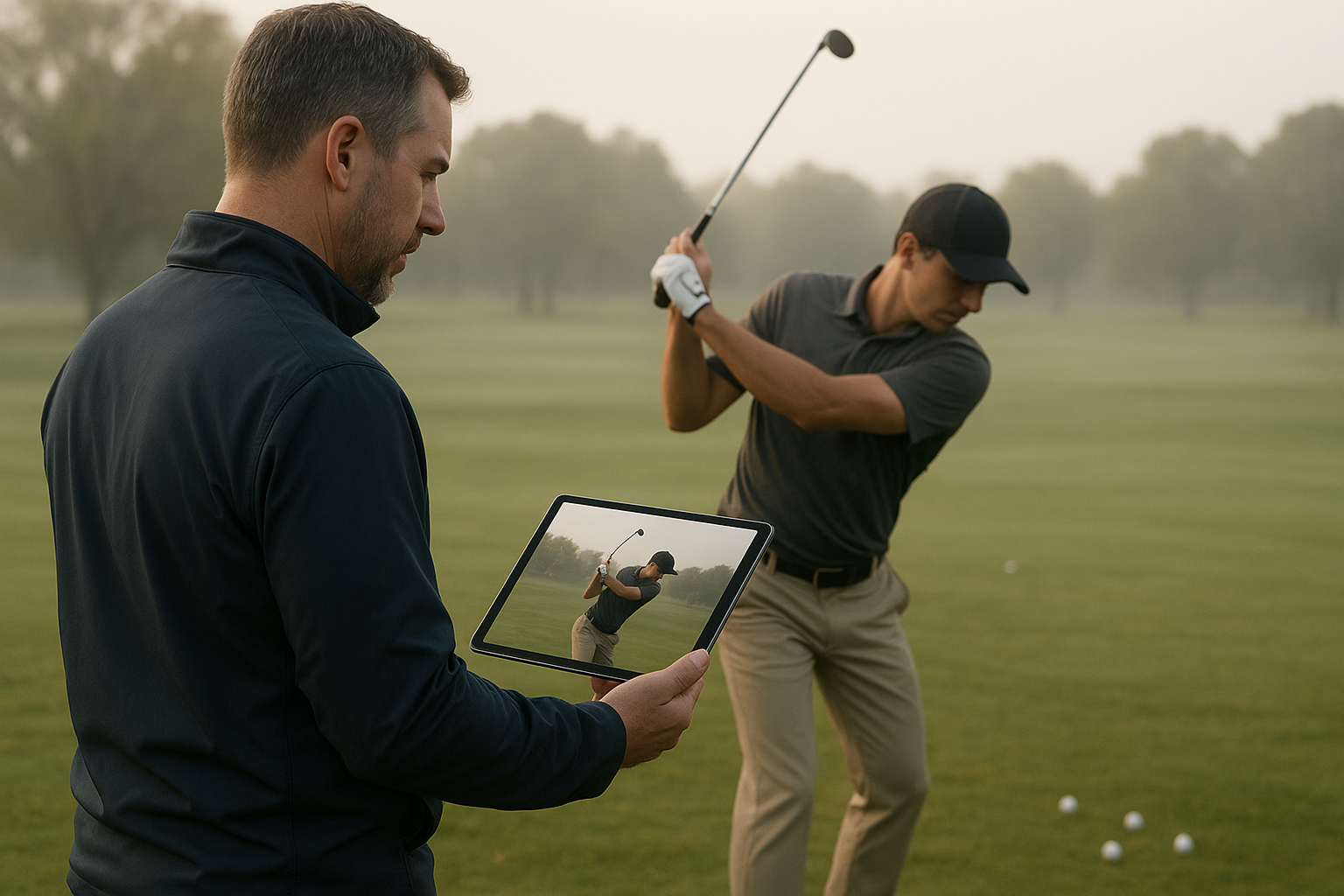 Coach analyzing kinesiology in golf instruction using swing video on tablet