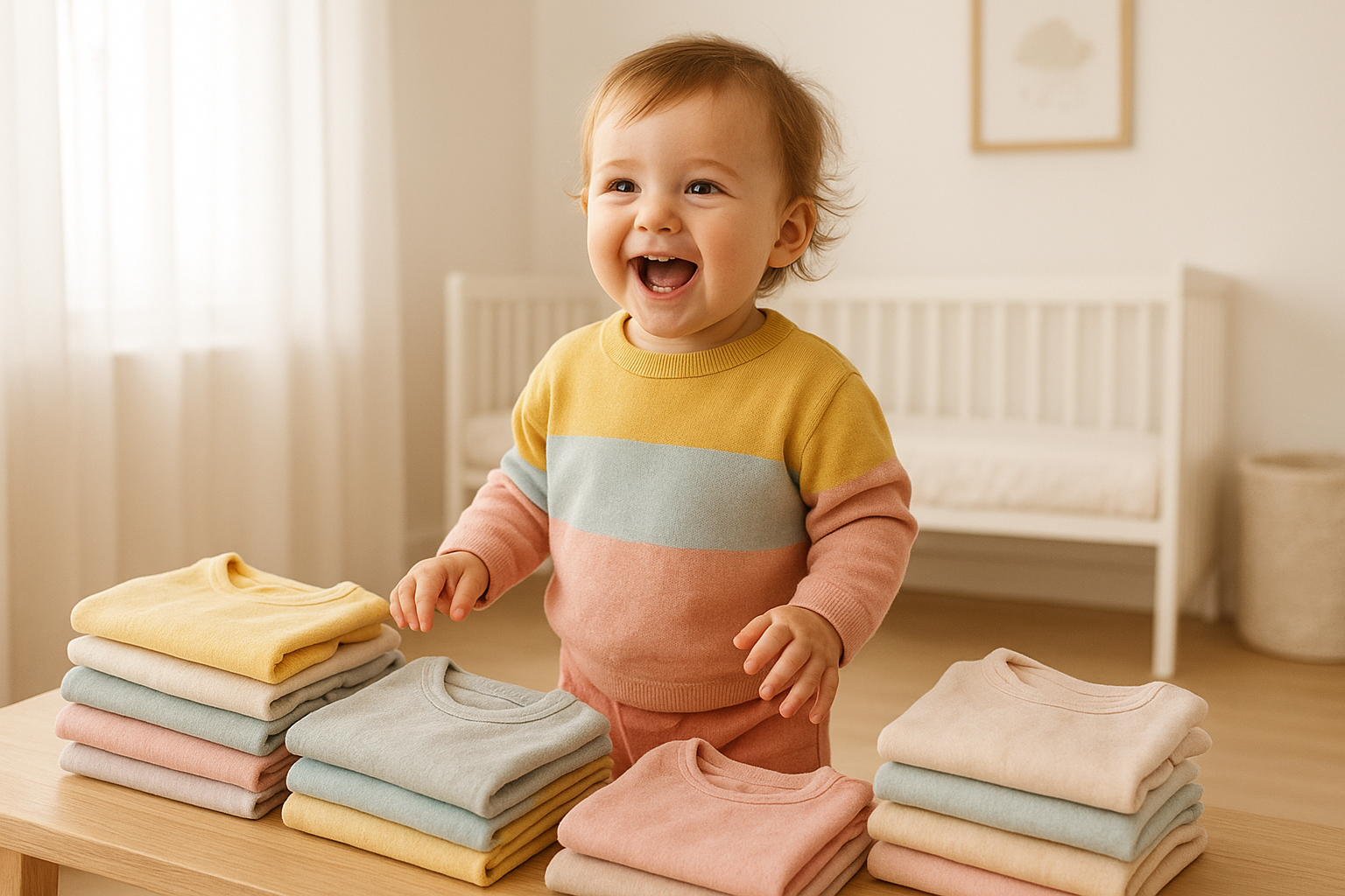 Toddler wearing a curated fashion subscription for kids outfit in a bright nursery