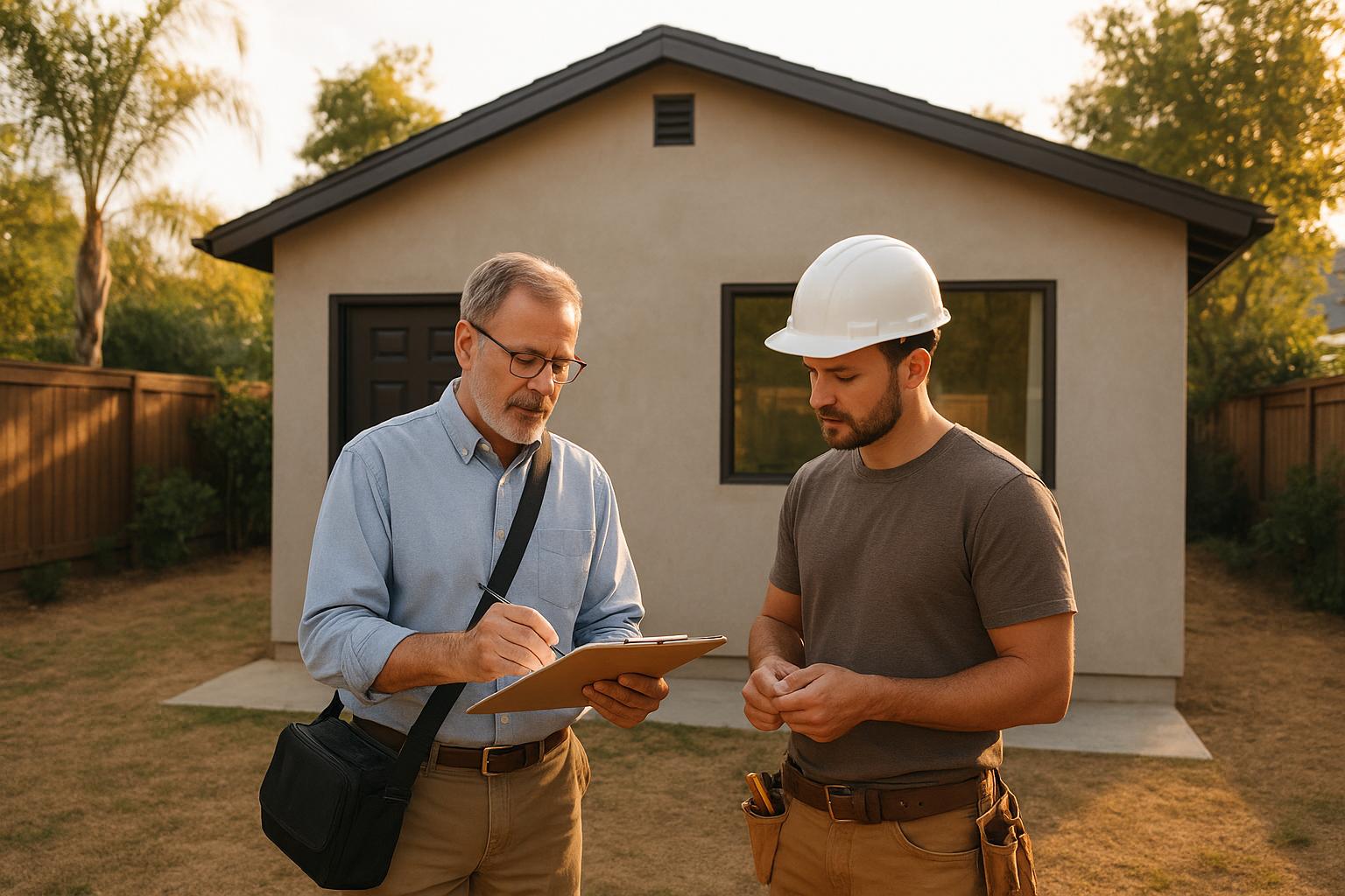 Inspector and contractor reviewing final paperwork for adu certificate of occupancy assistance outside a finished backyard unit
