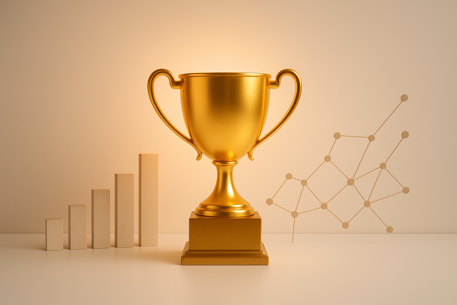 Visual representation of authority rank as a trophy surrounded by SEO metrics and link network graphs