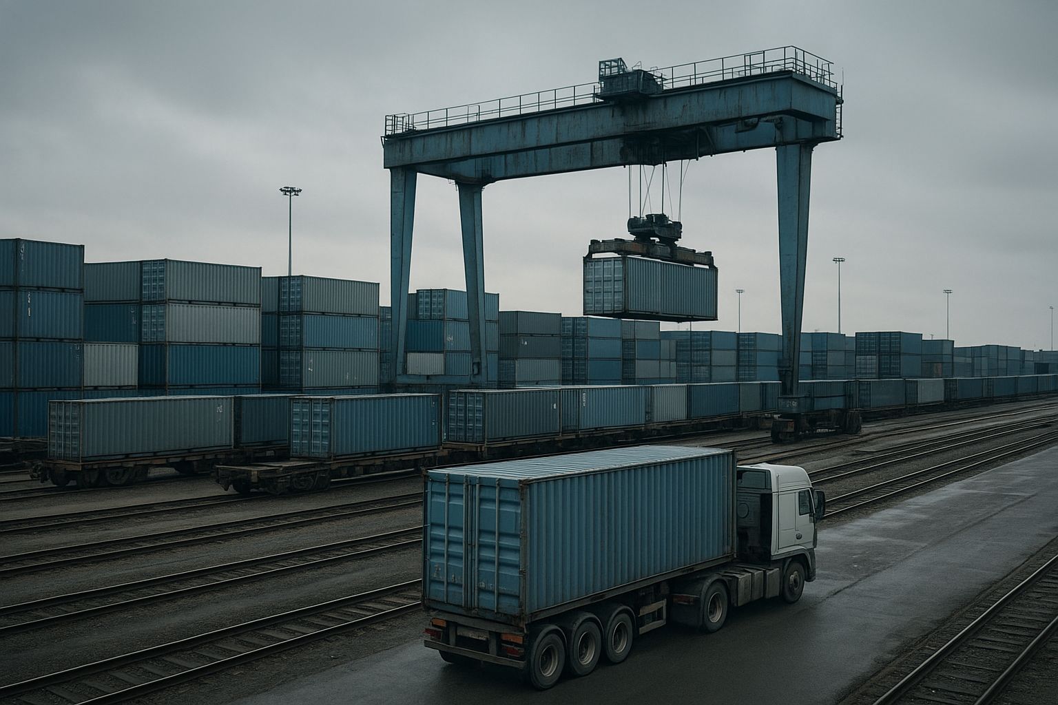 Intermodal rail yard transferring shipping containers as part of the American freight network