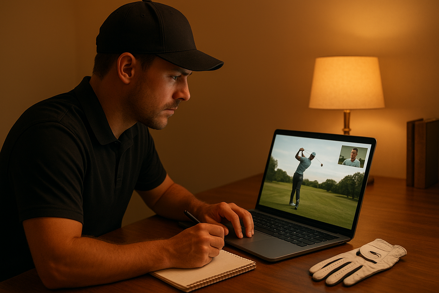 Golfer reviewing recorded footage during an online swing analysis session with a remote coach
