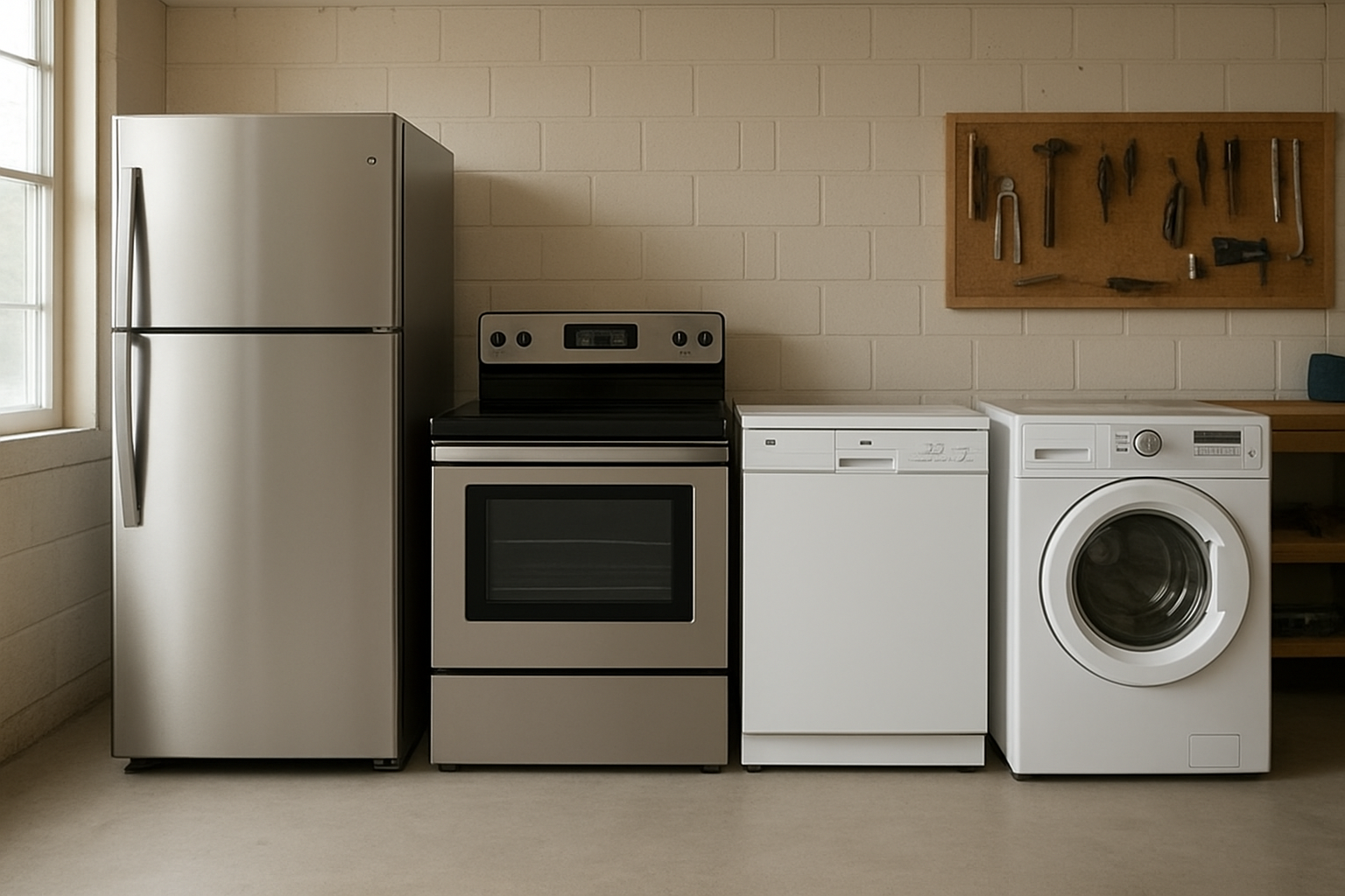 Row of household appliances that commonly need affordable repair services