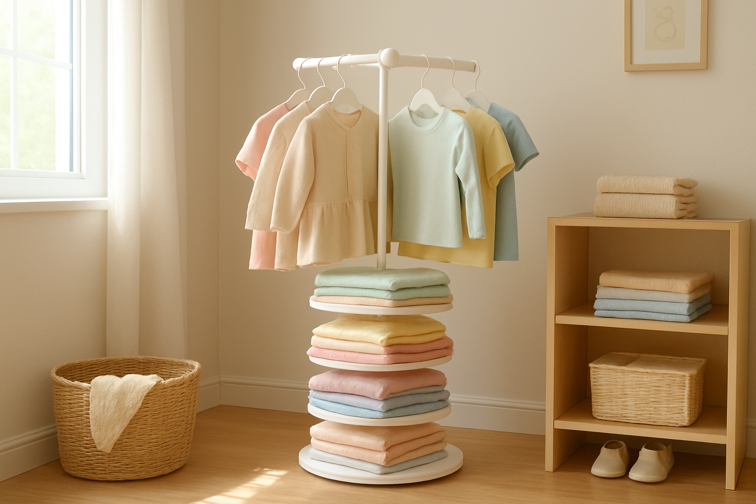 Rotating rack of clothes representing a children's clothing service wardrobe