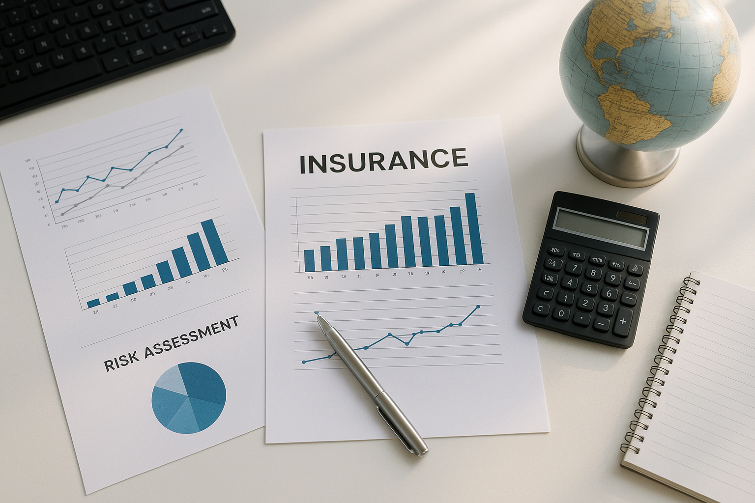 Soteria Re reinsurance risk assessment documents and financial charts on a professional desk