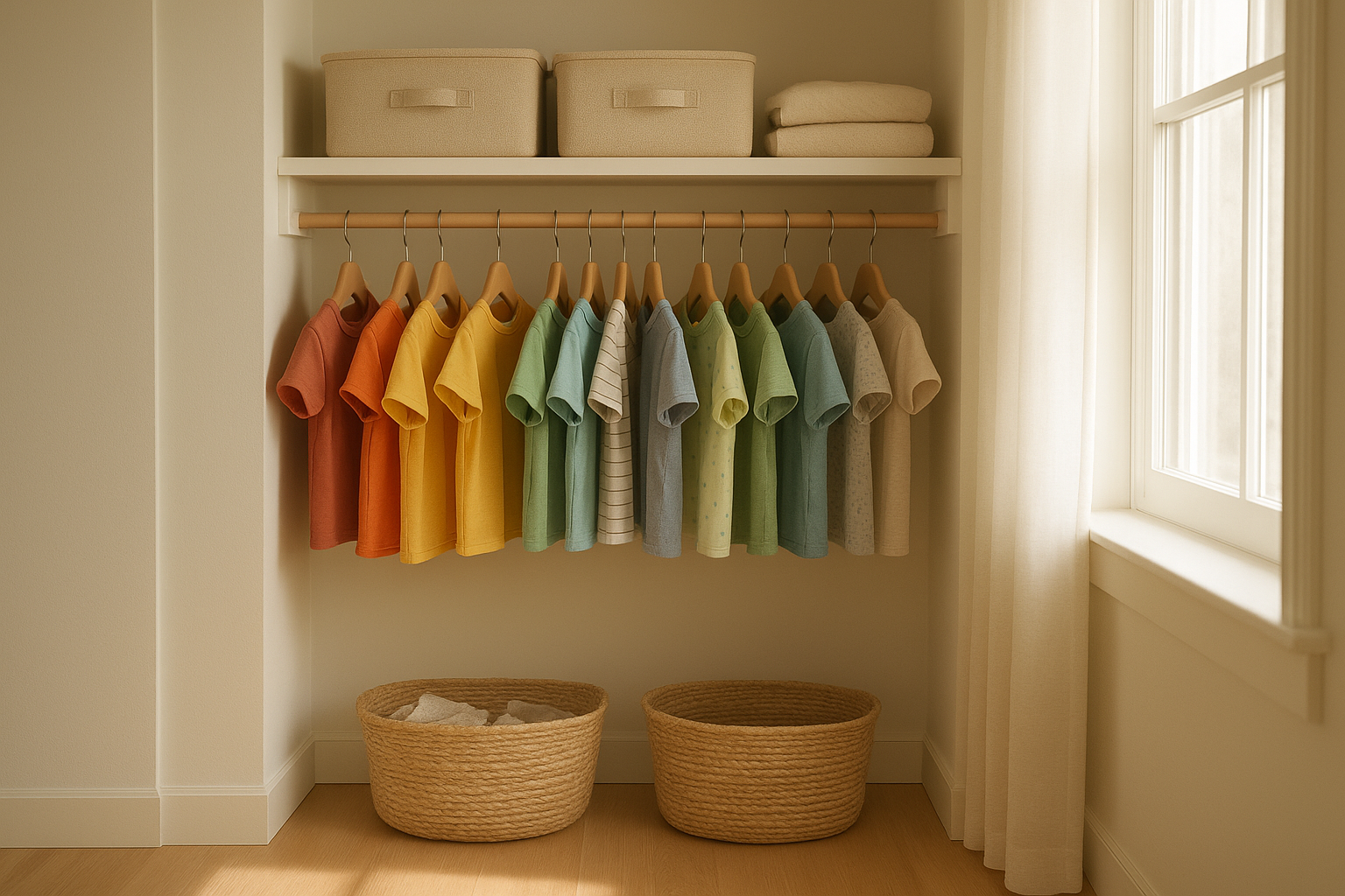 Neatly organized rotating wardrobe for kids with colorful children's clothing on small hangers