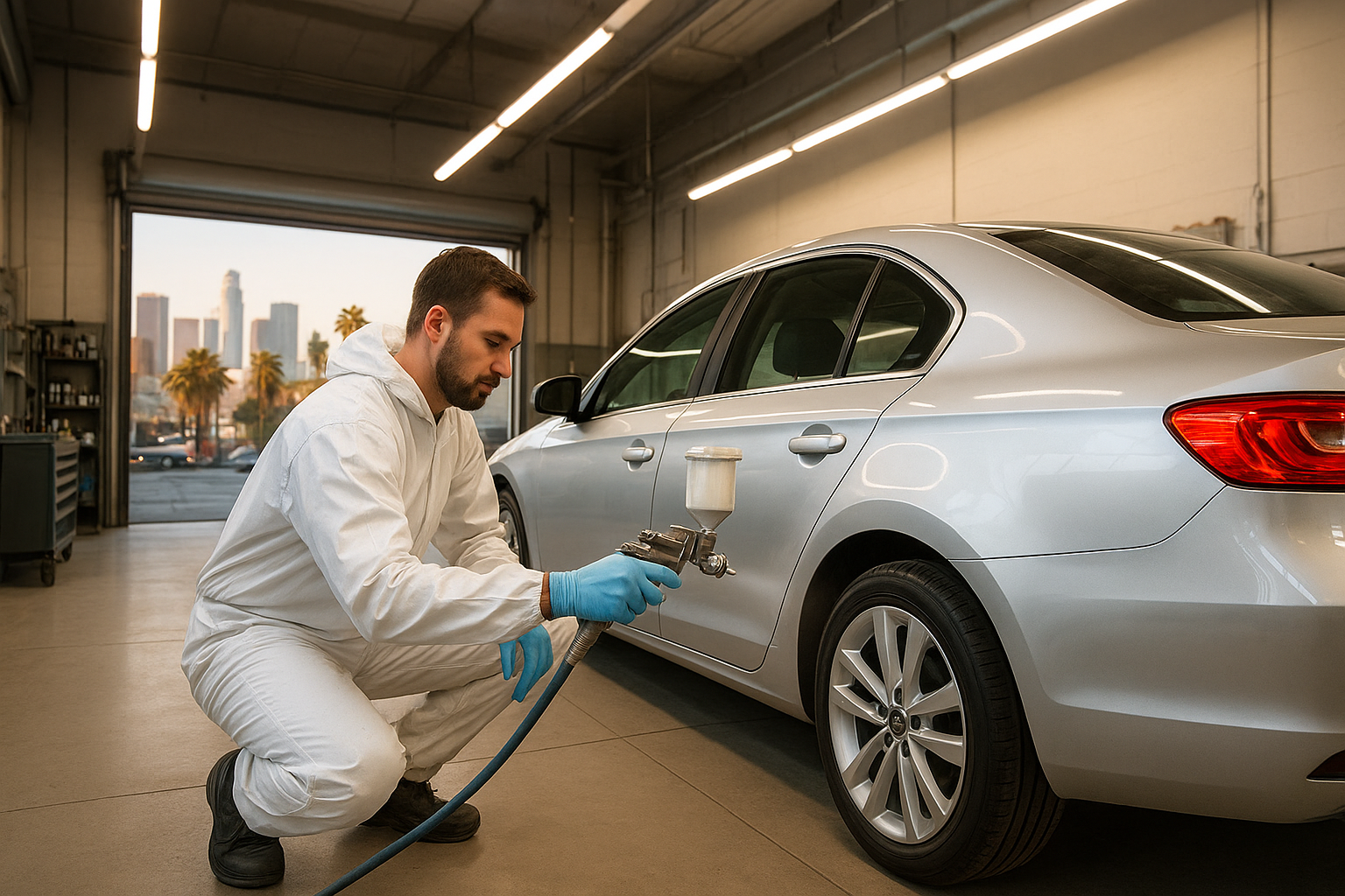 Technician performing paint repair at a la brea auto body shop on a silver sedan
