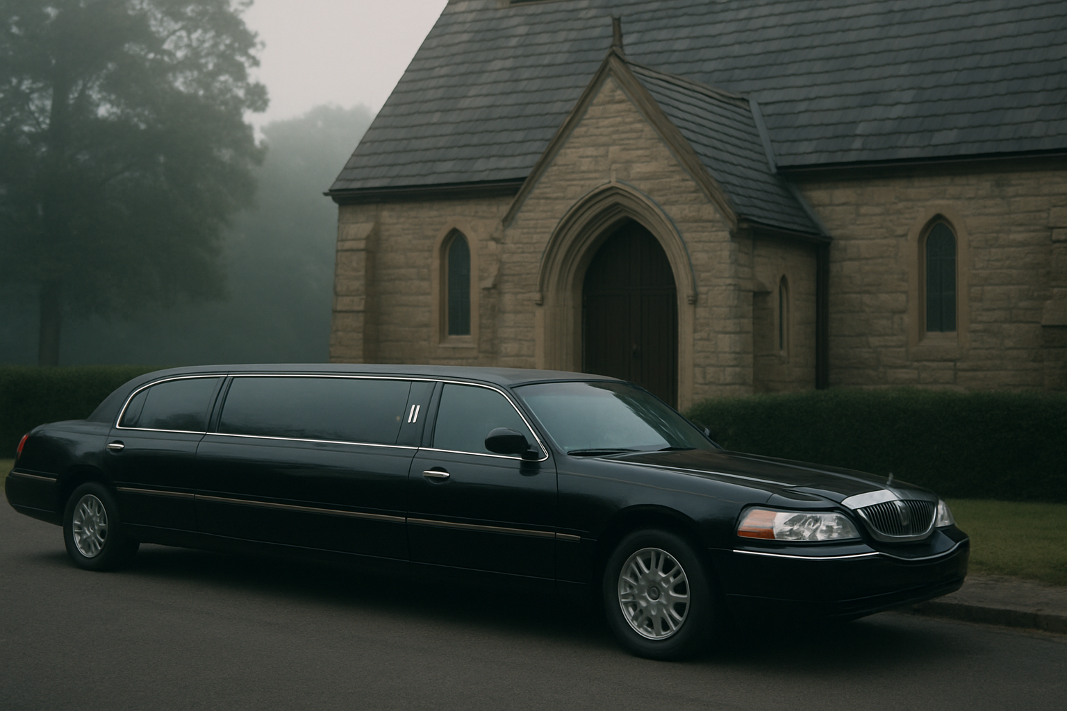Black funeral car service Long Beach limousine parked outside a chapel entrance