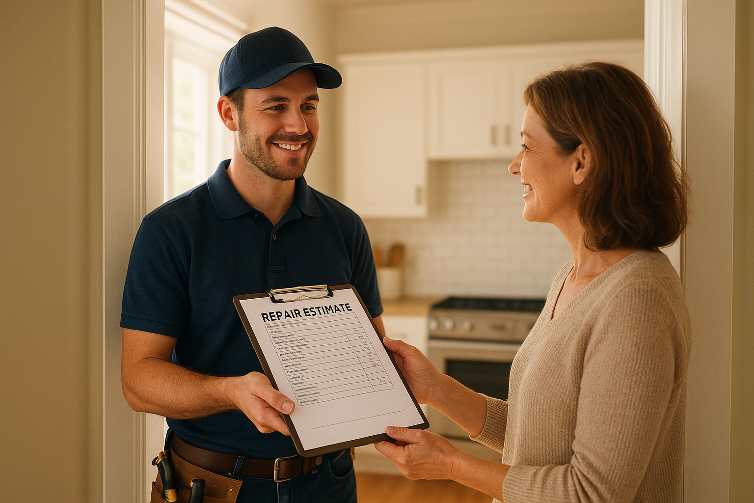 Homeowner reviewing a transparent repair estimate during a quick service appliance repairs visit