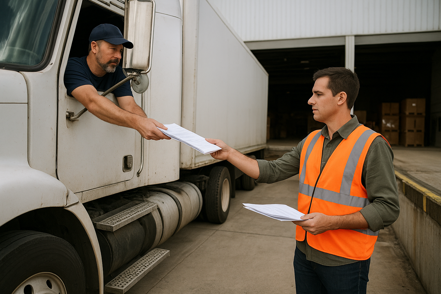 Carrier and warehouse staff exchanging shipment paperwork at a loading dock
