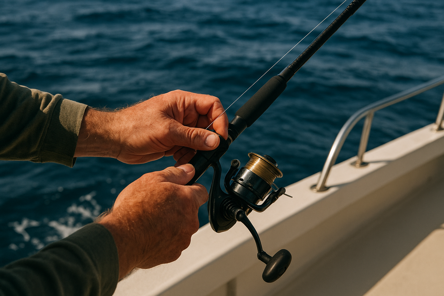 Angler reeling in a catch during a private charter fishing trip near the coast