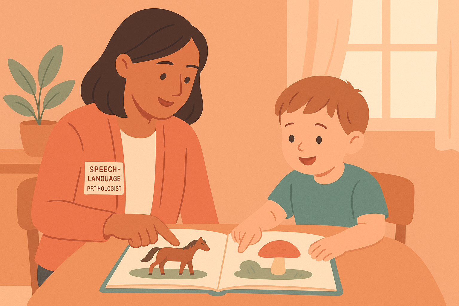 Speech-language pathologist modeling core vocabulary words with a child during a story-based session