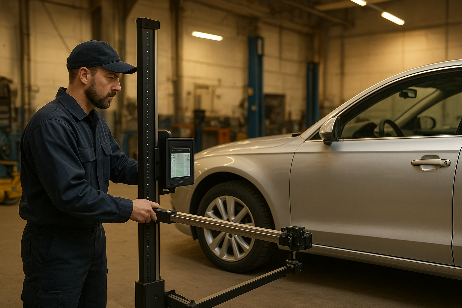Certified technician using computerized equipment for AAA frame and body structural repair
