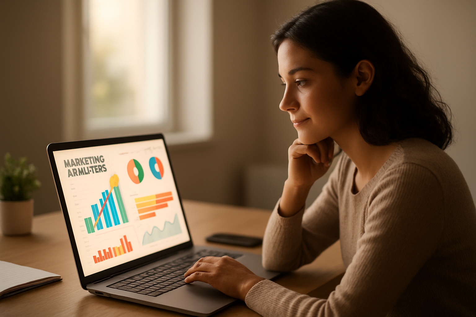 Small business owner reviewing AI-powered marketing analytics and growth data on a laptop