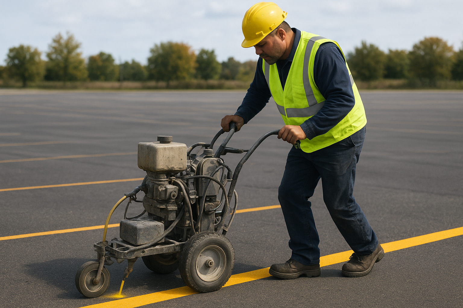 Crew performing line striping machine work on a parking lot surface