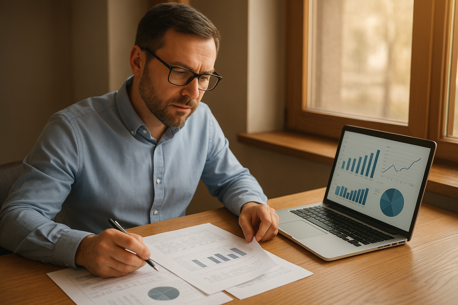 Accountant reviewing SBA loan accounting support documents in a Minneapolis office