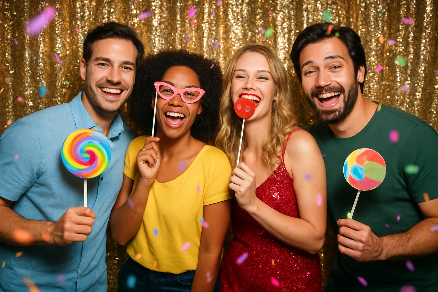 Group of guests posing with props at a photo booth rental in Dubois County Indiana