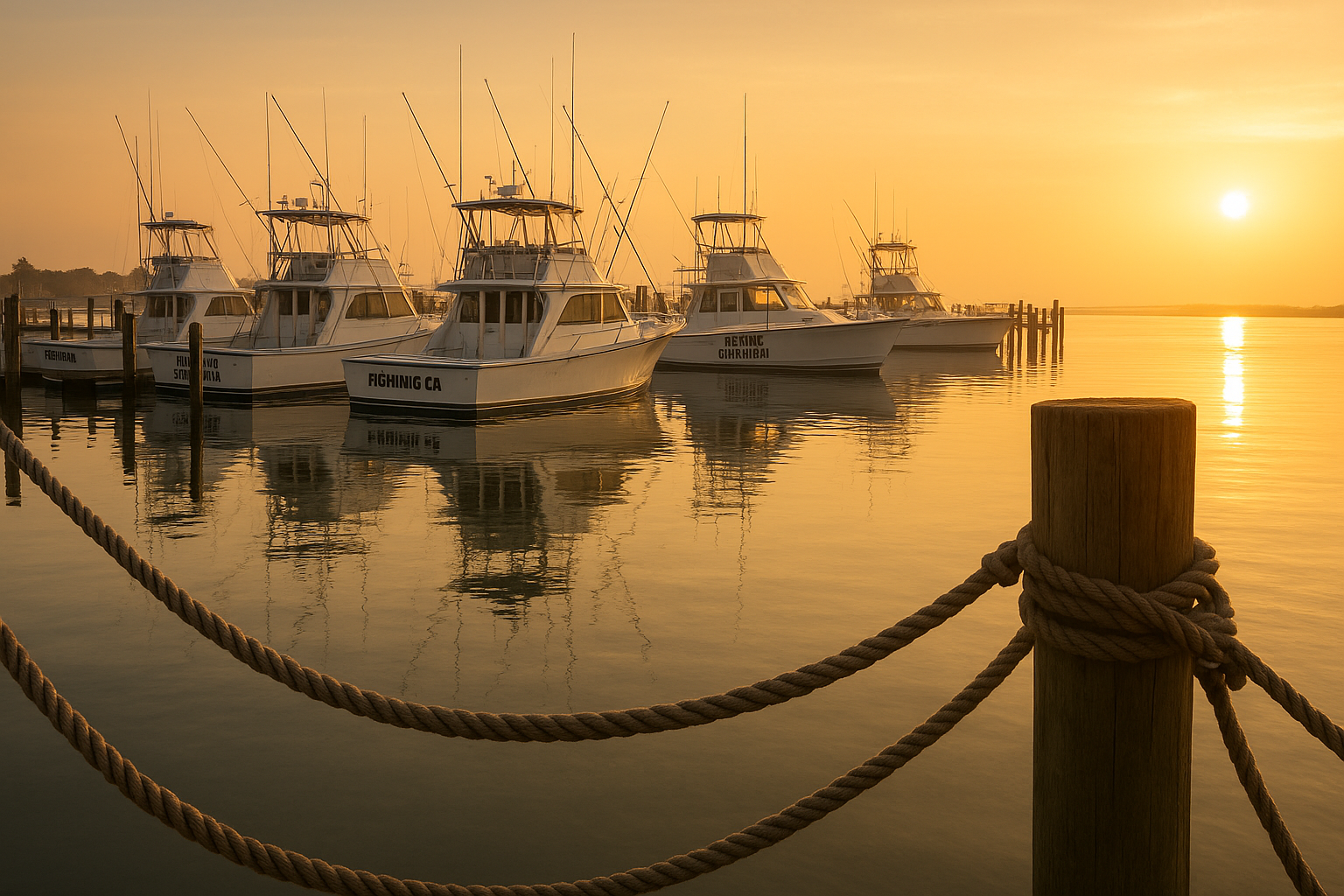 North Myrtle Beach charter boats docked at a marina at sunrise
