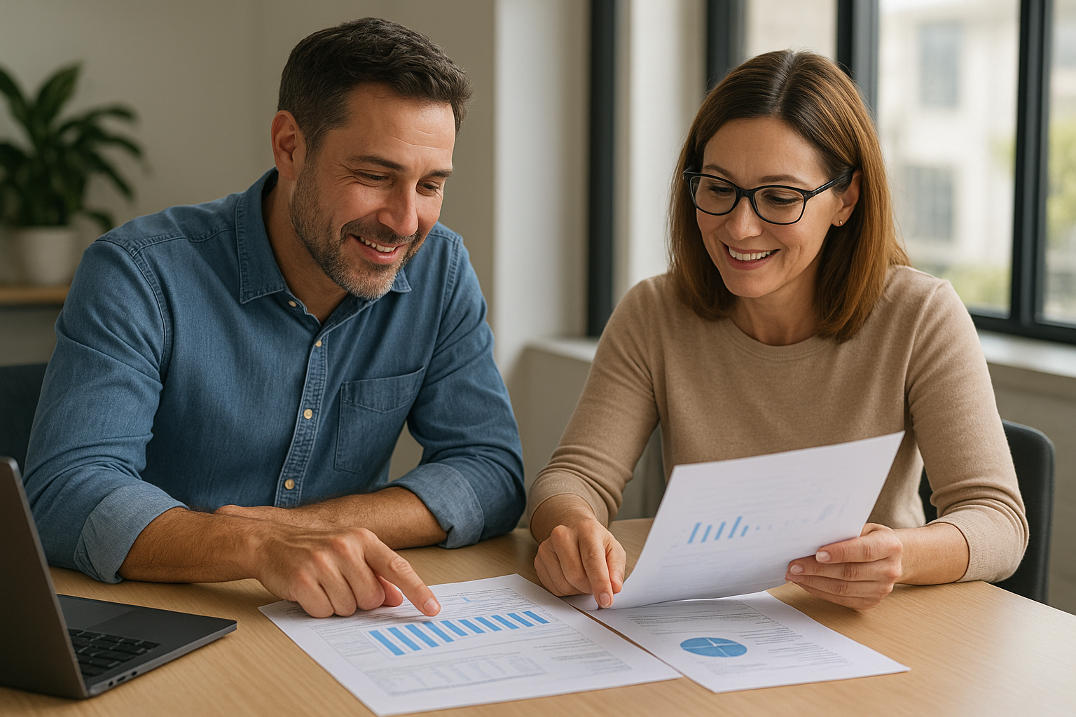 Small business owner reviewing updated financial reports with a bookkeeper