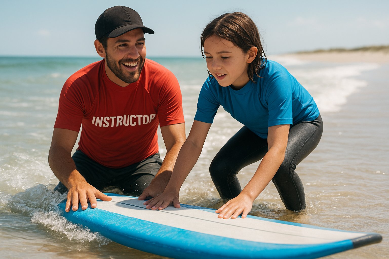 Surf instructor coaching a beginner during a group lesson in shallow water