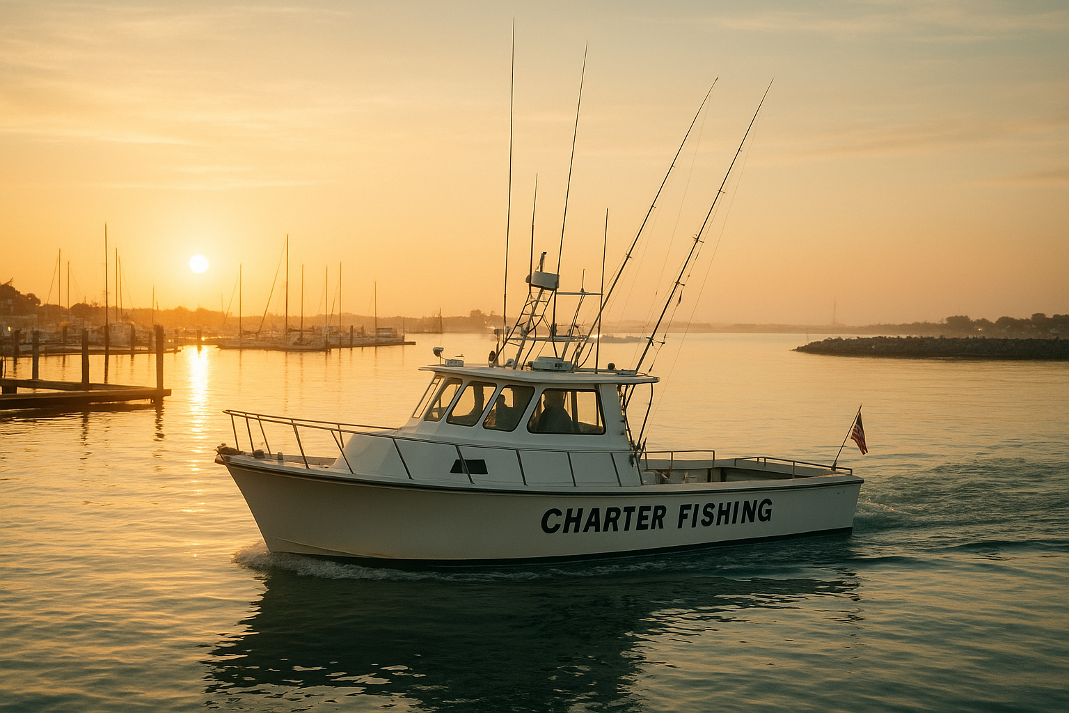 Charter boat departing the dock for a 1/2 day deep sea fishing Myrtle Beach trip at sunrise