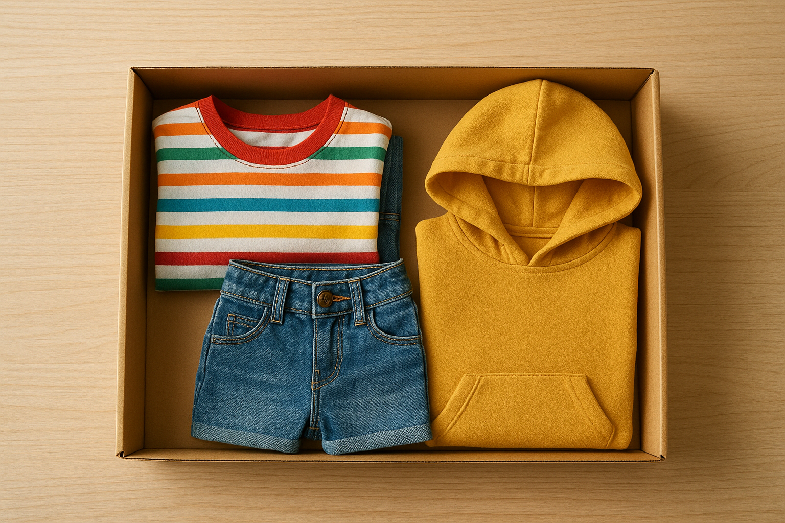 Monthly kids clothing box open on a wooden table showing curated children's outfits
