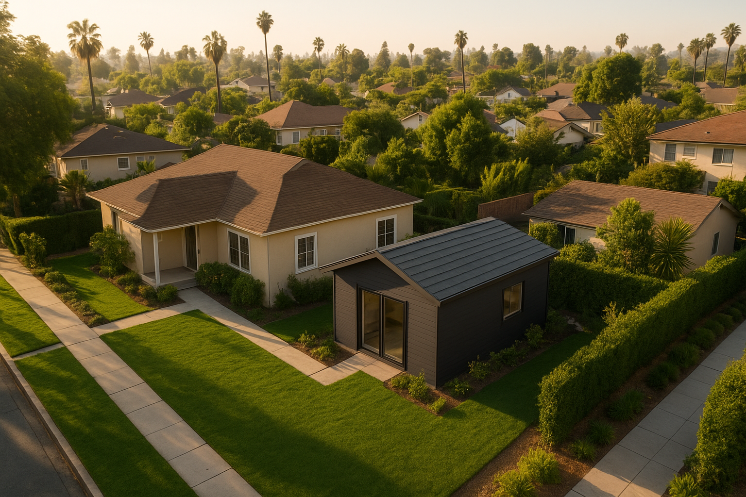 Aerial view of an accessory dwelling unit in a Los Angeles residential backyard