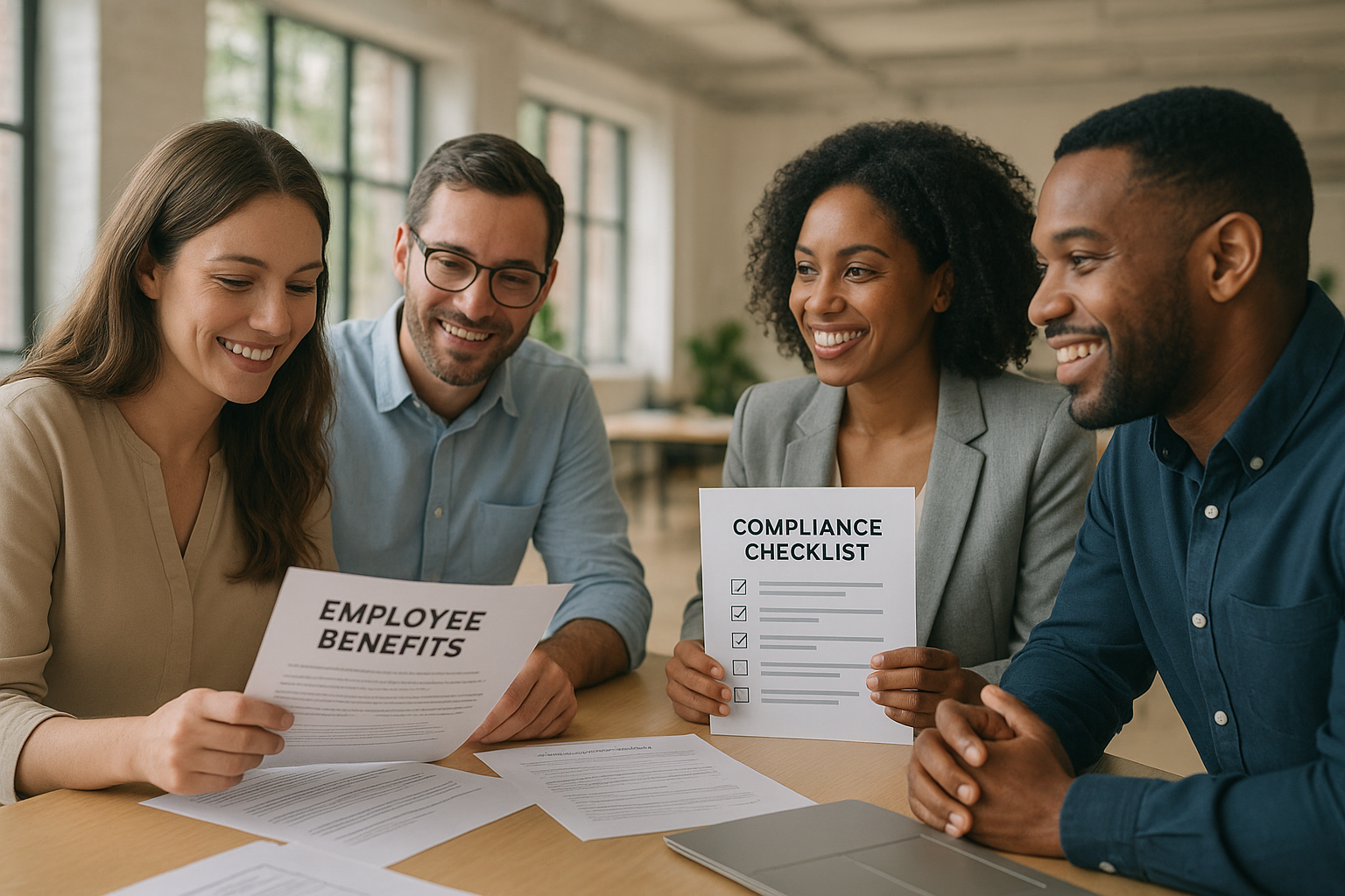 HR consultant reviewing employee benefits and compliance documents with a small business team