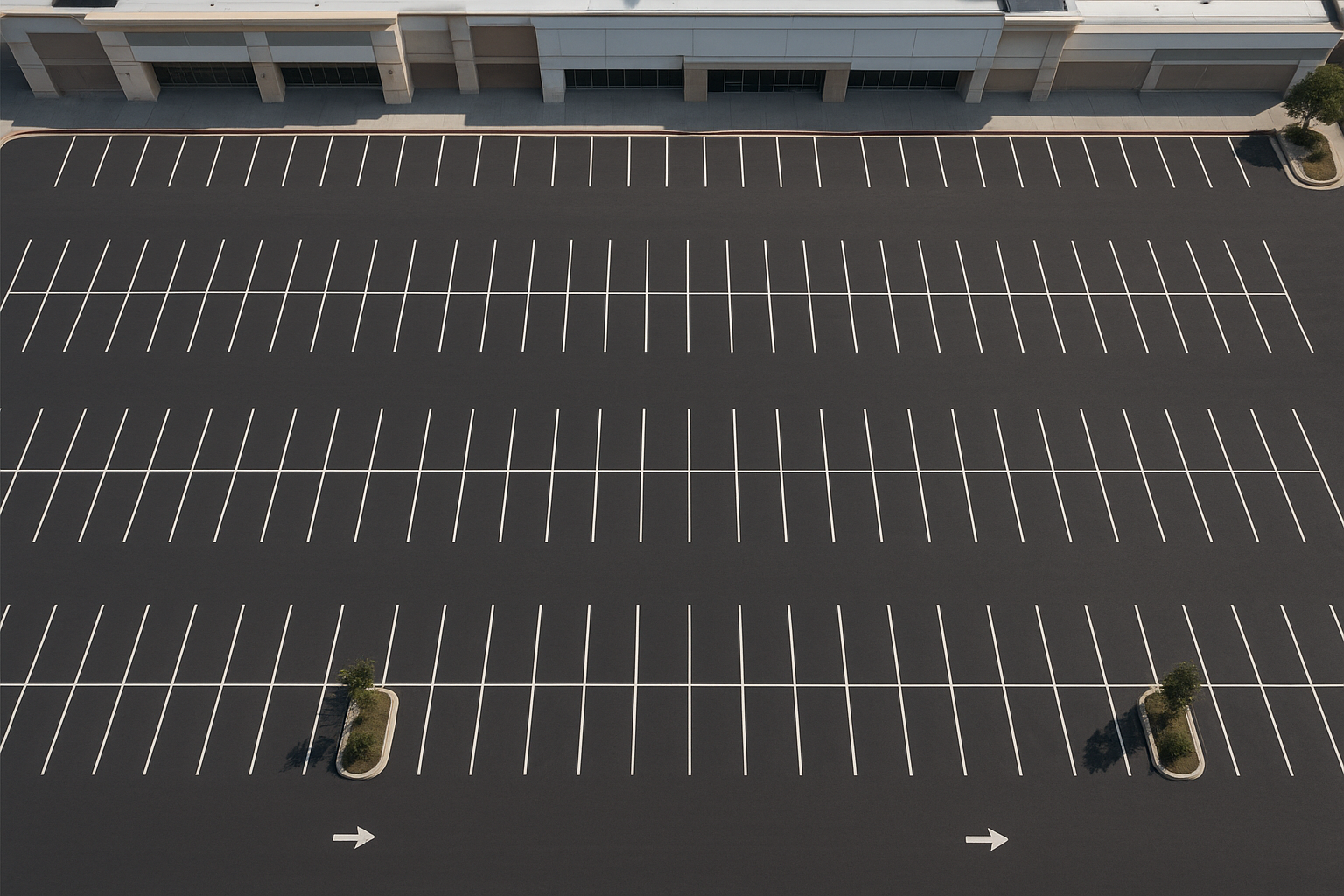 Aerial view of a large retail parking lot with freshly painted directional arrows and stalls
