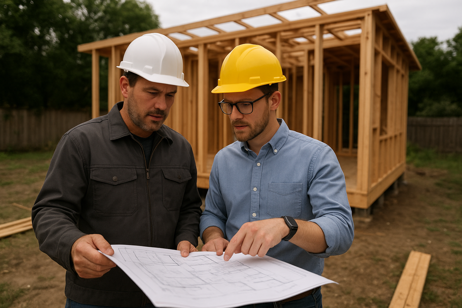 Contractor and architect reviewing custom ADU floor plans on a Southern California job site