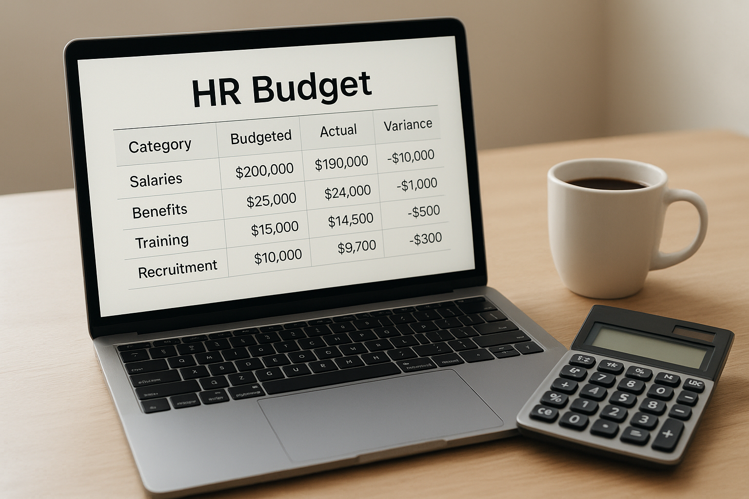 Laptop displaying an HR outsourcing budget spreadsheet on a small business desk
