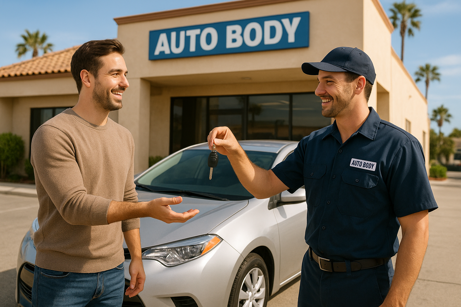 Happy vehicle owner picking up repaired car from a trusted California auto body shop