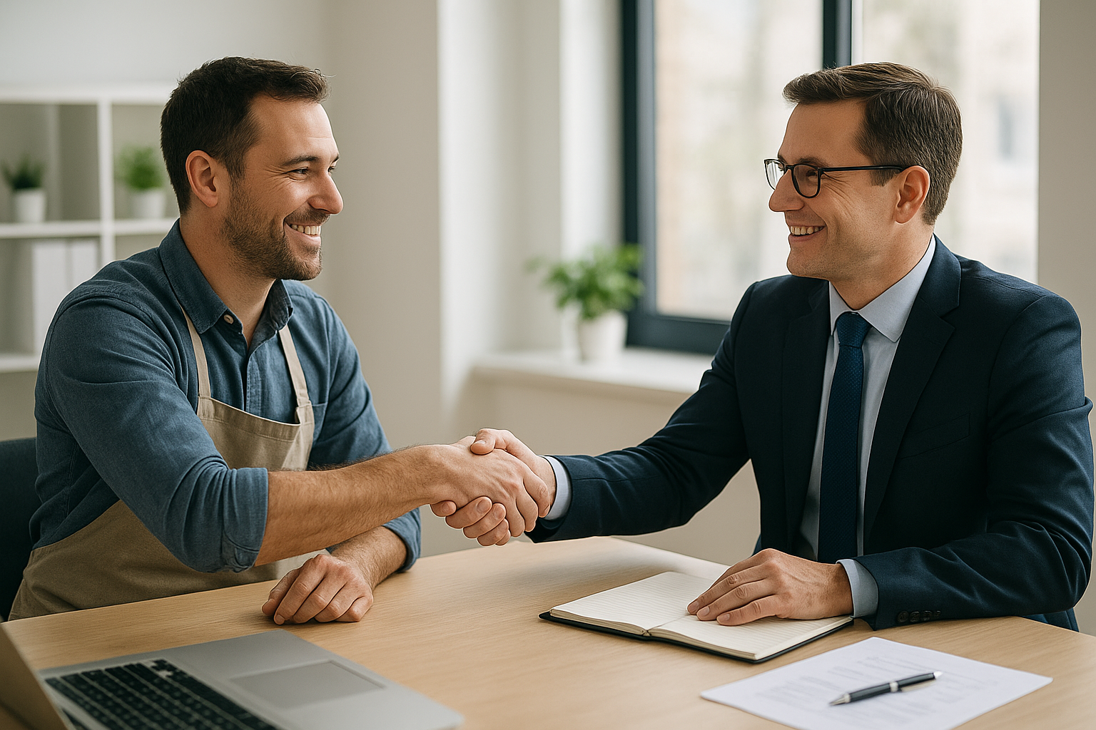 Business owner finalizing a same day business loan agreement with a funding advisor