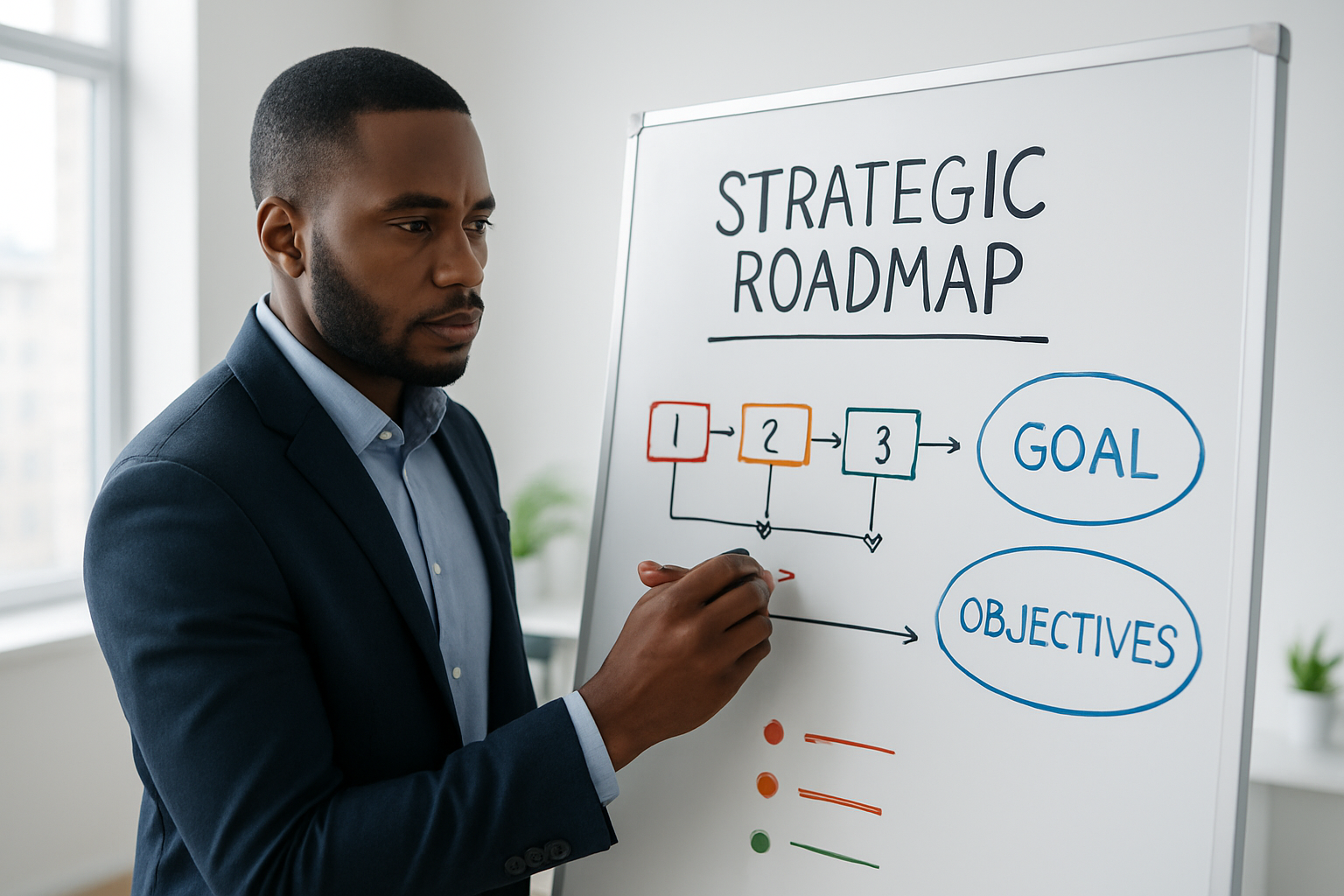 HR professional mapping out an organizational development strategy on a whiteboard