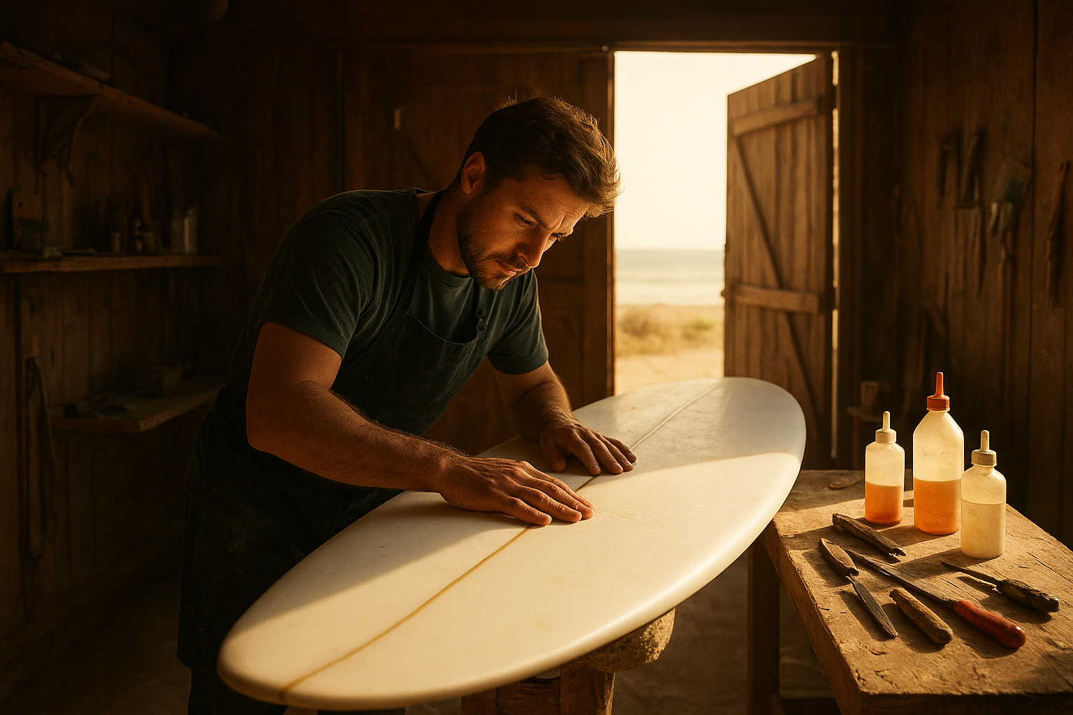 Instructor inspecting a surfboard during a surfboard maintenance workshop in Hawaii