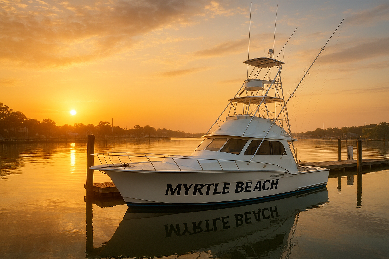 Charter fishing boat docked at Myrtle Beach marina at sunrise