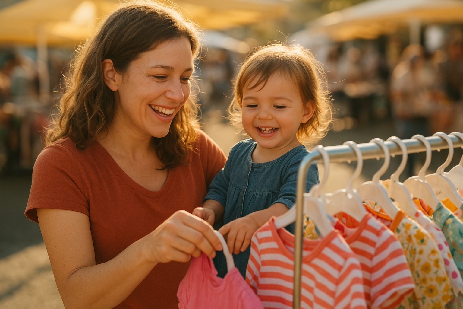 parent and child shopping for secondhand kids clothing at an outdoor market