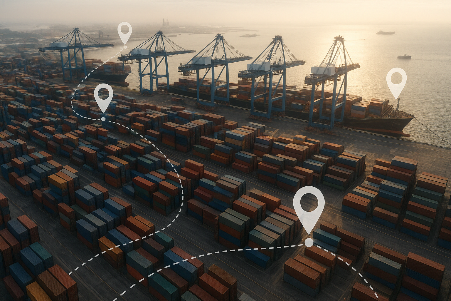 Shipping containers at a port with digital overlay illustrating container tracking