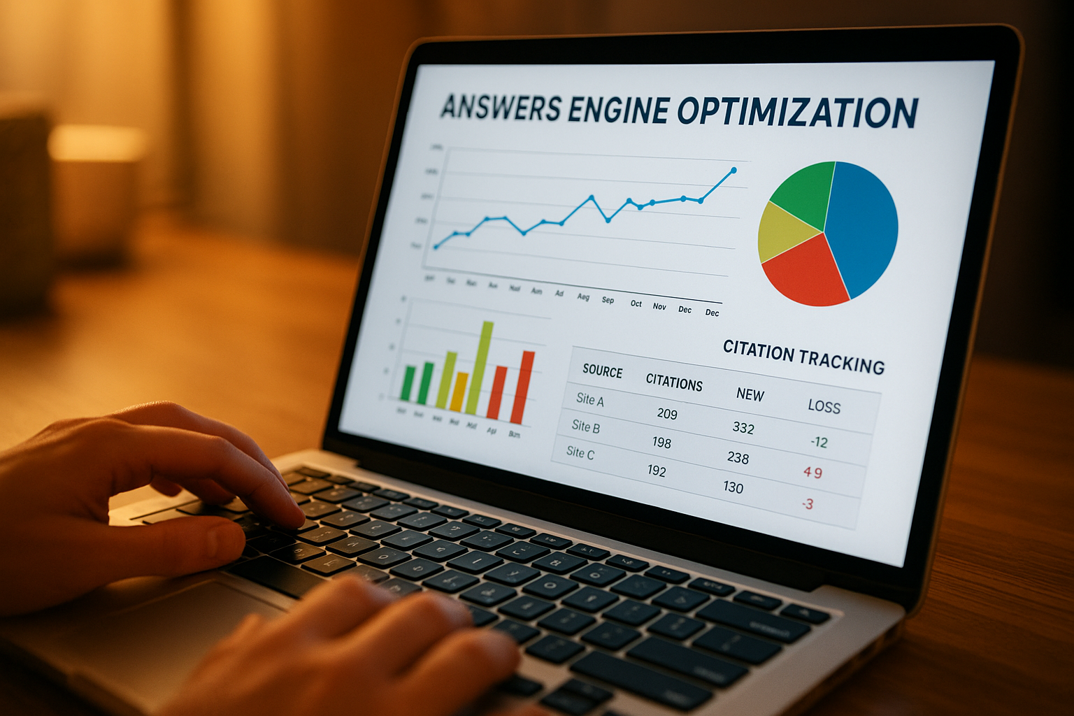 Digital marketing team analyzing answer engine optimization features on a laptop screen