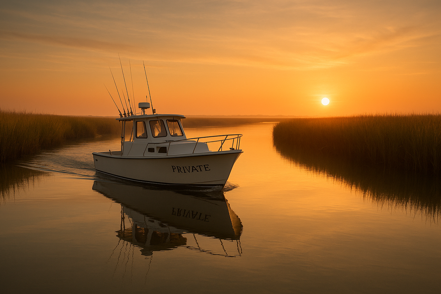Private charter boat cruising a South Carolina marsh creek at sunrise