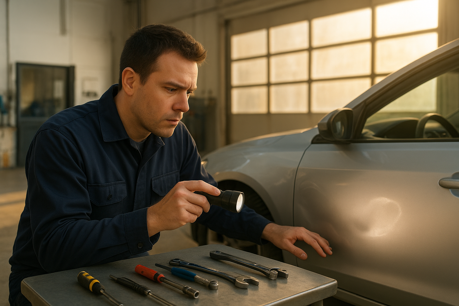 Technician inspecting vehicle panel during auto body restoration near me service in Brea
